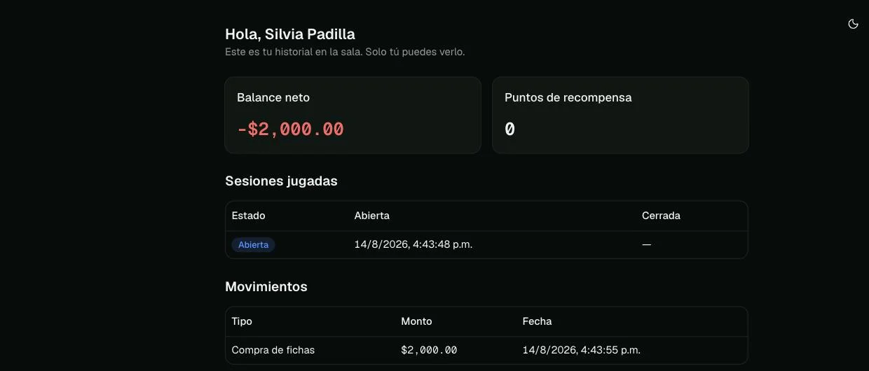 Portal del jugador: balance neto, puntos de recompensa, sesiones jugadas y movimientos